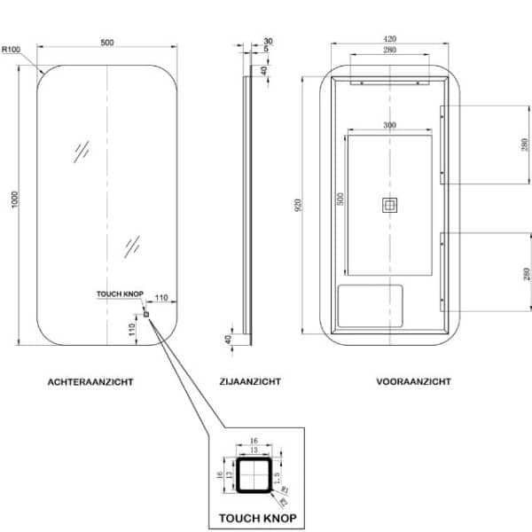 Badkamerspiegel Lijntekening Monaco LED 50x100cm, Badkamerspiegel Lijntekening Moderna LED 50x100cm