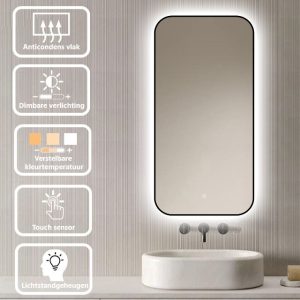 Badkamerspiegel Monaco 50x100, met zwarte lijst specs v4