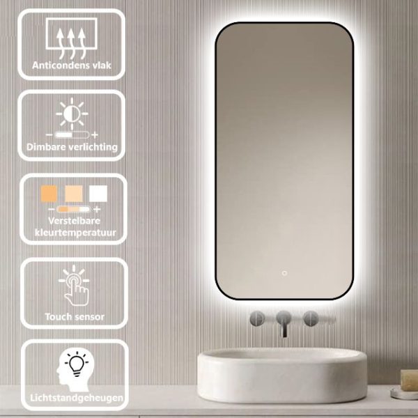 Badkamerspiegel Monaco 50x100, met zwarte lijst specs v4