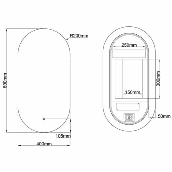 Badkamerspiegel Vienna 40x80, Badkamerspiegel Fiona 40x80 lijntekening