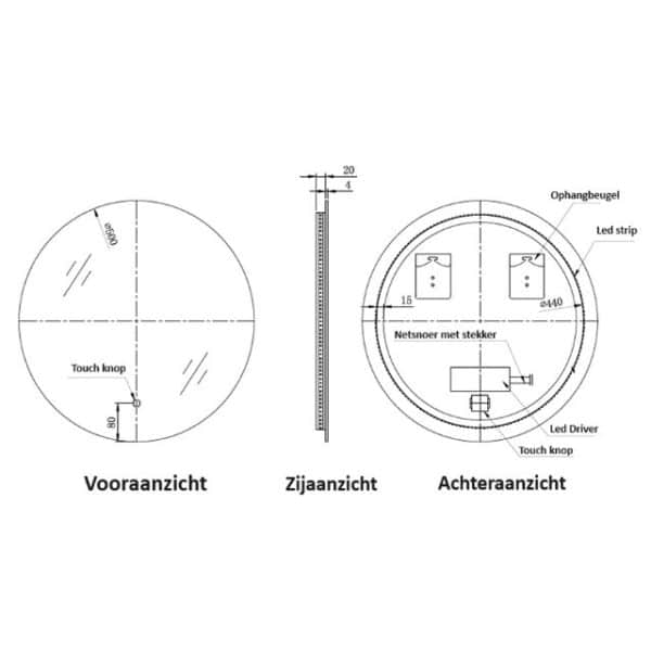 Lijntekening Ilona LED 50x50cm. Badkamerspiegel Lena 50x50 lijntekening